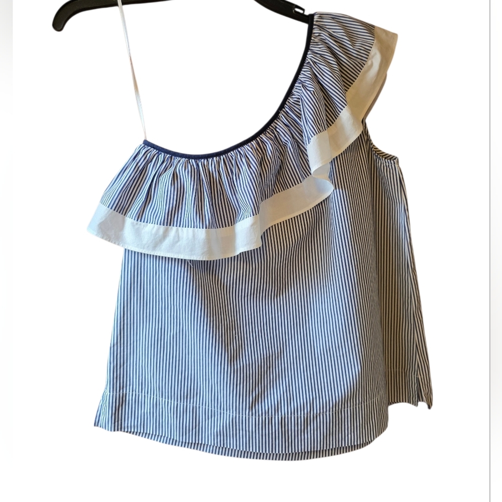 J Crew One Shoulder Ruffle Navy and White Striped Blouse Women's size 2 - Picture 4 of 10